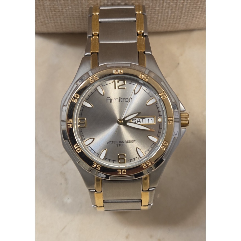 Armitron Day Date Spanish Water Resistant Chrono Stainless Two Tone Watch Quartz